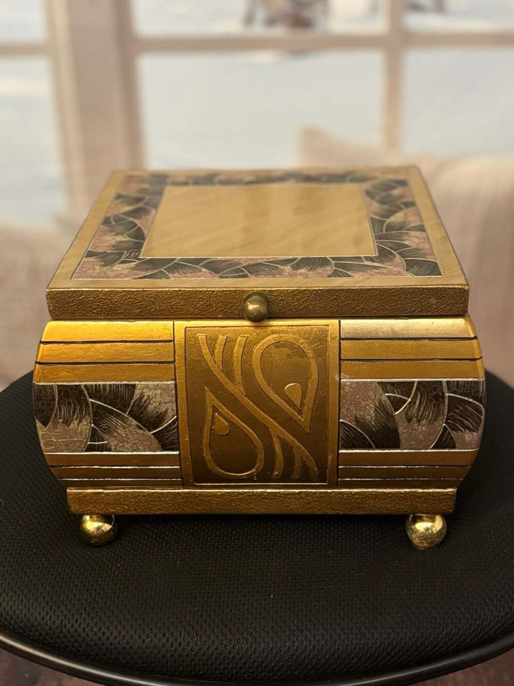 Vintage Art Deco Style Gold Tone Trinket Box With Ball Feet
